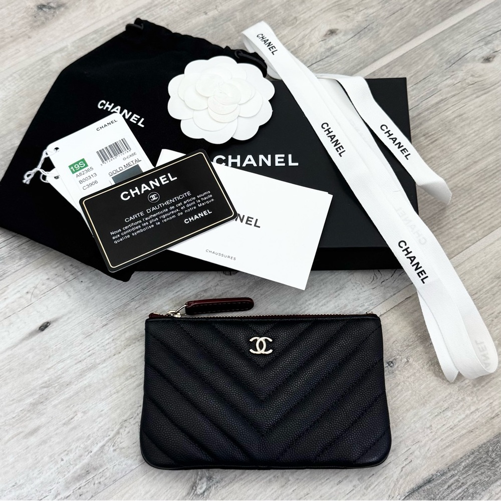 Chanel Black Chevron Caviar Gold Mini O Case Pouch